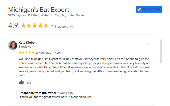 Customer Review Skunk Removal Clarkston Michigan