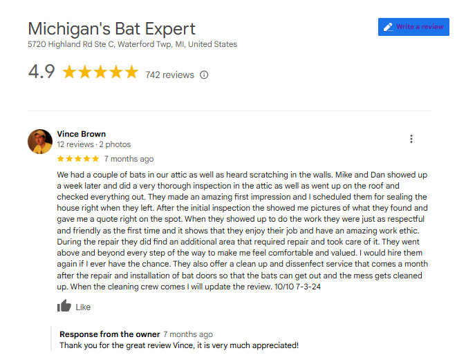 Customer Review Commerce Township Michigan Bat Expert