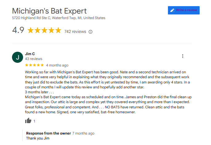 Customer's review in West Bloomfield for Michigan's Bat Expert