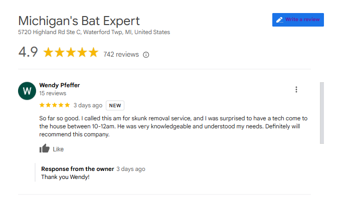 White Lake customer review for skunk removal by Michigan's Bat Expert